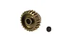 A bronze-colored aluminum pinion gear with a small black grub screw beside it on a white background.
