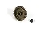 A bronze-coloured aluminium pinion gear with 28 teeth and a separate small black grub screw on a white background.