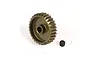 A bronze-coloured aluminium pinion gear with a small black grub screw beside it on a white background.