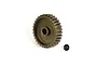A bronze-coloured aluminium RC pinion gear with a small black grub screw positioned on a plain white background.