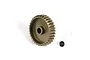 A bronze-coloured aluminium pinion gear with a small black grub screw placed next to it on a white background.