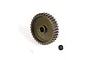A bronze-coloured aluminium pinion gear with a small black grub screw beside it on a white background.