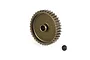 A bronze-coloured aluminium pinion gear with a small black grub screw placed on a white background.