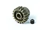 A hard-coated aluminium 19T pinion gear with a small black grub screw on a white background.