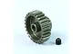 A grey hard-coated aluminium pinion gear with a separate black grub screw on a light blue background.