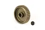 A bronze-coloured aluminium pinion gear with a small grub screw next to it on a white background.