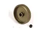 A bronze-coloured aluminium pinion gear with a small black grub screw positioned on a white background.