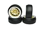 A set of four Yeah Racing 1.9 inch drift wheels with gold mesh spokes, white rims, and smooth black drift tyres.