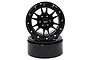 A pair of black 12-spoke aluminium beadlock RC crawler wheels from Yeah Racing, shown stacked against a white background.