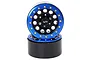 Two Yeah Racing 1.9-inch crawler wheels with black rims, blue beadlock rings, and silver hardware against a white background.
