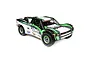 Losi Super Baja Rey 1/6 scale RC short course truck in black, white, and green livery, viewed from a high angle.