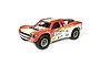 Losi Super Baja Rey 1/6 scale RC short course truck in red, white, and yellow livery with sponsor decals on a white background.