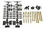 Axial RR10 Aluminium Linkage Upgrade Set including plastic parts trees, metal rods, and hardware components on a white background.