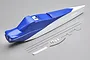 A bare foam fuselage for the HobbyZone Sport Cub S RC plane, painted blue and white, with included metal pushrods and small plastic hardware parts.