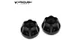 Two black anodized aluminium SLW wheel hex hubs from Vanquish Products shown on a white background.