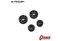 A set of four black metal portal axle gears for an RC vehicle, arranged on a white background with Vanquish and Currie logos.