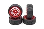 A set of four Yeah Racing RC on-road wheels with red metallic mesh rims and black rubber tyres with a directional tread pattern.