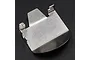 A stainless steel differential skid plate for an RC crawler, shown from a high angle against a dark background.