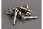 A small pile of six silver-coloured metal binder head screws with coarse threads, arranged on a grey surface.