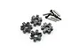 Four black aluminium 12mm wheel hex adapters with 5.0mm thickness markings, including pins and screws.