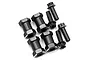 Four black aluminium 12mm hex wheel adaptors with Yeah Racing branding and associated hardware pins on a white background.