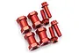 Four red anodized aluminium 12mm hex wheel adaptors with extended shafts and four matching red serrated wheel nuts.