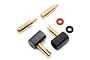 Yeah Racing angled bullet connectors with gold-plated pins, black plastic housings, and small rubber O-rings on a white background.