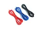 Three coils of 12AWG silicone wire in red, blue, and black, each secured with a small black tie, isolated on a white background.