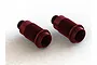 Two red anodized aluminium shock bodies for ARRMA RC vehicles, shown from an angle on a white background.