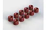 Ten red anodized aluminum front hub nuts for ARRMA RC vehicles arranged in a grid on a white background.