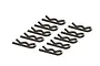A set of ten small black metal body clips for RC vehicles arranged in two rows on a white background.