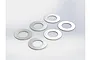 Six flat silver-coloured metal washers arranged in a grid pattern on a white background.