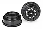 Two black Traxxas Desert Racer RC wheels shown from side and front angles against a white background.