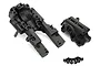 Traxxas E-Revo VXL 2.0 front bulkhead set including upper and lower housing pieces and a small bag of black mounting screws on a white background.