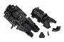 Traxxas E-Revo VXL 2.0 rear bulkhead set including upper and lower housing pieces, a small triangular bracket, and several black metal screws.