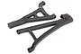 Two black plastic suspension arms for Traxxas E-Revo VXL 2.0 RC car on a white background.