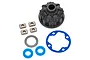 Traxxas heavy duty differential case set including a black plastic housing, metal shims, blue rubber seals, and a blue gasket.