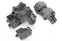 Traxxas UDR gearbox housing set including main casing, cover, and smaller plate in grey plastic.