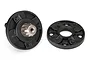 Two black plastic planetary gear housing halves for a Traxxas UDR RC car, one featuring a central metal gear shaft.