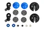 A set of Traxxas GTR shock rebuild parts including rod ends, blue bladders, pistons, spring retainers, o-rings, nuts, and washers on a white background.