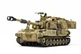 A fully assembled and painted 1/35 scale Tamiya M109A6 Paladin self-propelled howitzer model in desert camouflage with a crew figure.
