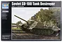 Product box for Trumpeter 1/16 scale Soviet SU-100 Tank Destroyer model kit featuring an illustration of the tank with crew in a field.