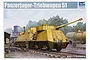 Box art for a Trumpeter 1/35 scale Panzerjager Triebwagen 51 armoured train model kit, showing a yellow armoured rail car with soldiers on a track.