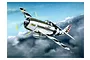 An artistic illustration of a P-47 Thunderbolt Razorback fighter plane flying through a cloudy sky.