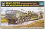 Box art for a 1/35 scale Trumpeter MAZ-537G truck and MAZ/ChMZAP-5247G semitrailer model kit, showing the vehicle carrying a tank through mud.