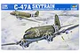 Trumpeter 1/48 scale C-47A Skytrain plastic model kit box art featuring two military transport aircraft flying over a landscape with paratroopers.