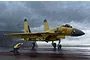 Digital illustration of a yellow Chinese J-15 fighter jet on an aircraft carrier deck with a crew member signaling for takeoff.