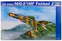 Product box for Trumpeter 1/32 scale MiG-21MF Fishbed J plastic model kit featuring artwork of the jet in flight over a landscape.