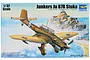 Box art for a Trumpeter 1/32 scale Junkers Ju-87R Stuka model kit featuring an illustration of the aircraft flying over a coastal town.