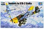 Box art for a Trumpeter 1/32 scale Junkers Ju 87B-2 Stuka model kit, showing two aircraft flying against a cloudy blue sky.